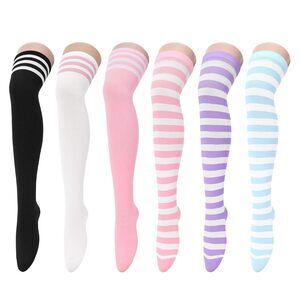 6 Pairs Striped Thigh High Socks for Women Knee High Thigh Highs Cosplay